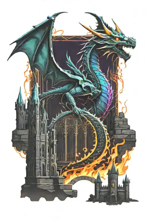 Dragon Guarding A Castle With A Gothic Cemetery Behind Gothic Gates On The Fire Ground