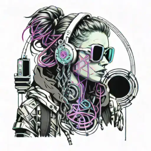 Cyberpunk Woman Tattoos Headphones Rave Music Cables Sexy Sunglasses