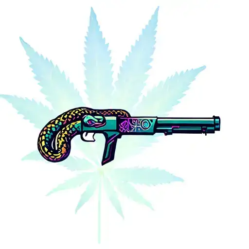 A Gun With A Snake Writhing In The Background Of Marijuana Leaves