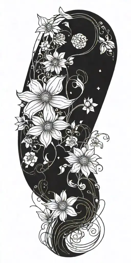 An Intricate Tattoo With A Vine Of Daisys Cosmos Flowers And Roses