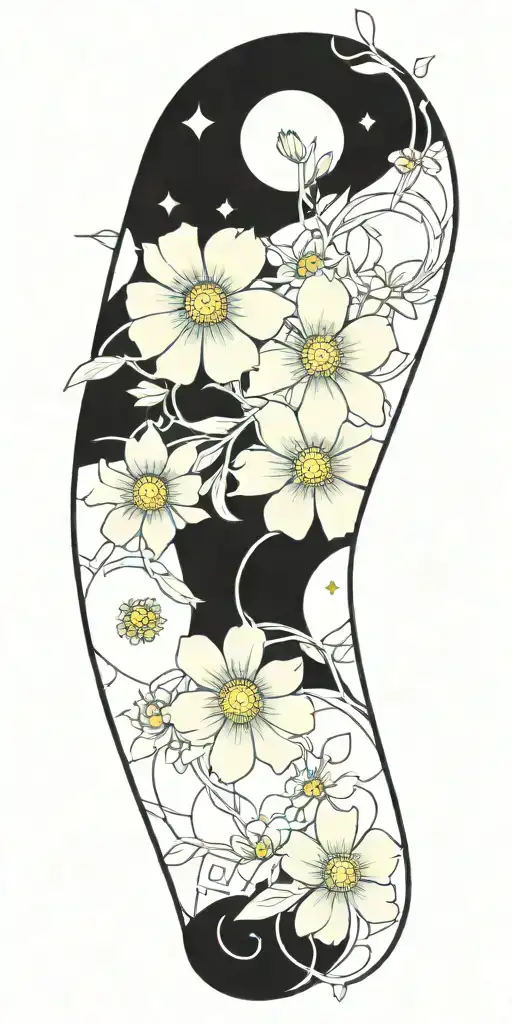 An Intricate Tattoo With A Vine Of Daisys Cosmos Flowers And Roses