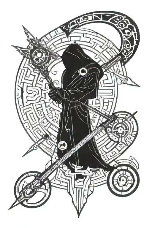 A Tattoo Of A Reaper's Scythe And A Syringe Filled