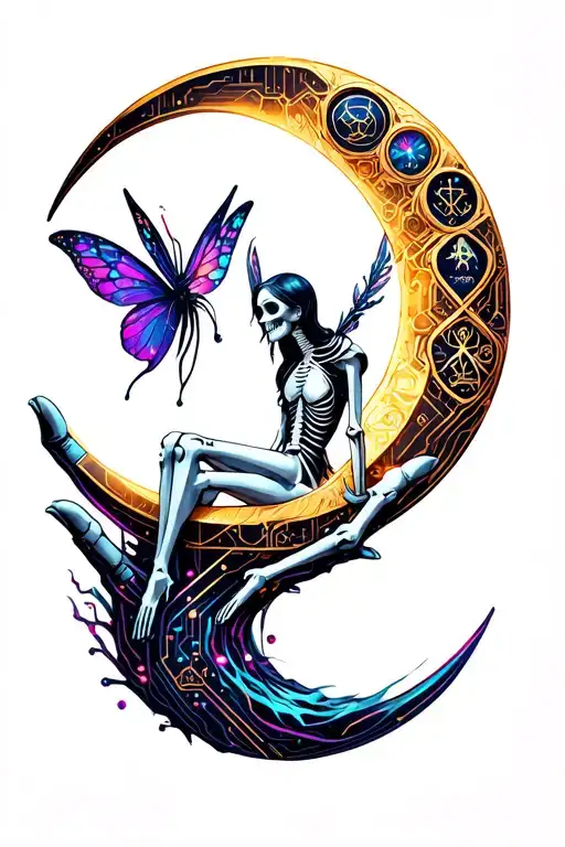Skeleton Hand Holding A Crescent Moon With A Fairy Sitting