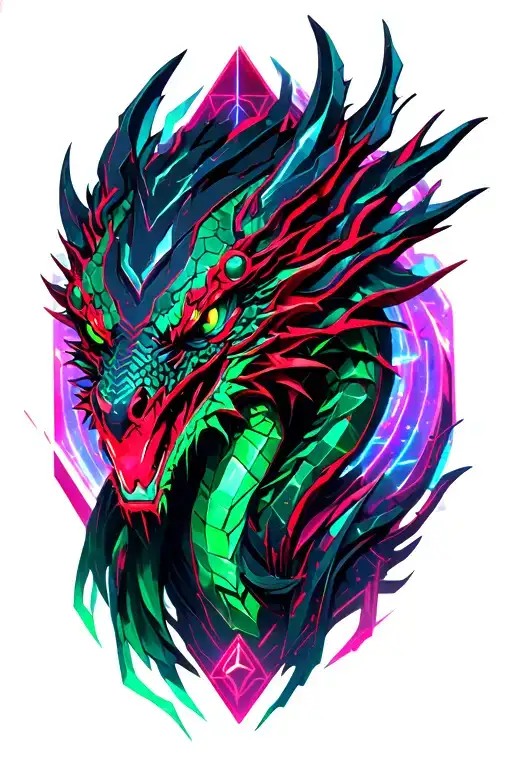Red Dark And Green Cristal In 3D With Hiden Cyber Dragon