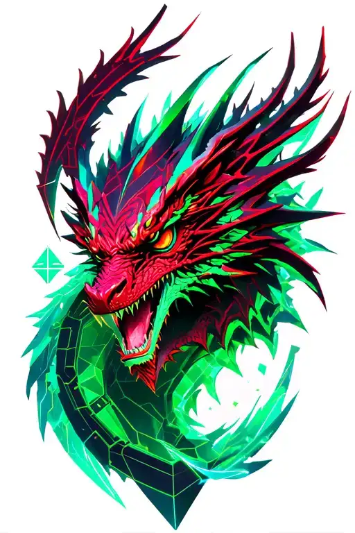 Red Dark And Green Cristal In 3D With Hiden Cyber Dragon
