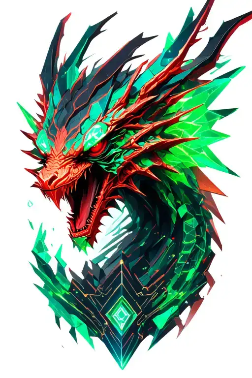 Red Dark And Green Cristal In 3D With Hiden Cyber Dragon Mozaik
