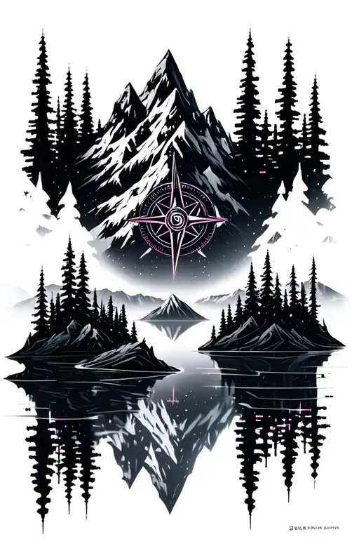 Mountain Scene With Reflection On Water Compass Rose Intertwined