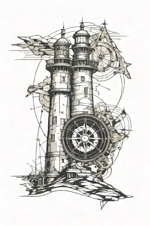 White Lighthouse Infront Of Old Map And Compass