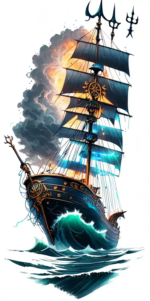 Poseidon With Trident Sinking A Ship Sailing Through Stormy Seas