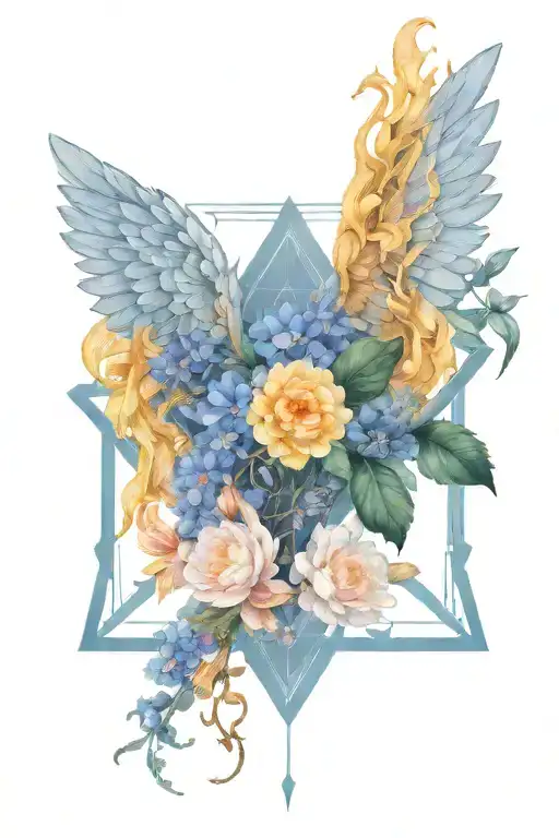 Angel Wings Surrounded By Larkspur And Peony Flowers