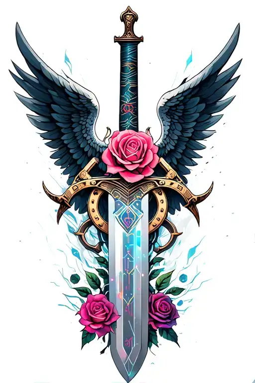Angels Wings Behind A Sword With Roses And Horseshoe