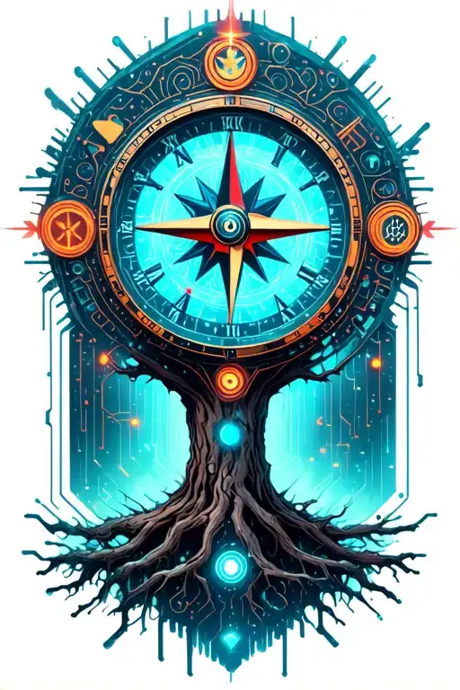 Tree With Time Clock And Compass Wirh Lighting