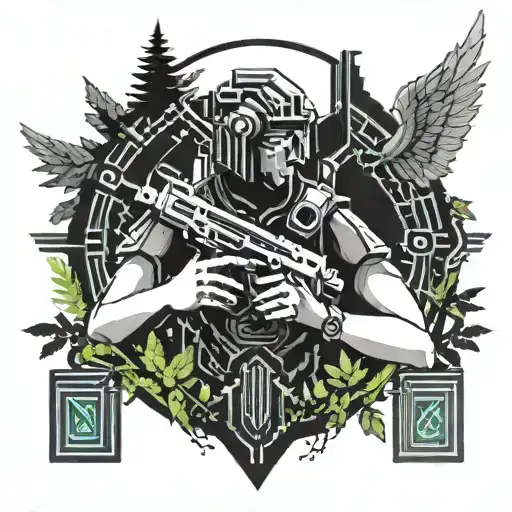 A Black-grey Tattoo Of A Pixelated Angel Playing A Video Game In A Lush Forest Setting