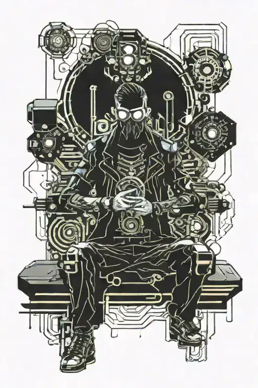 A Man Sitting In A Scary World That Is Like In Future With Robots And Something Related To Future