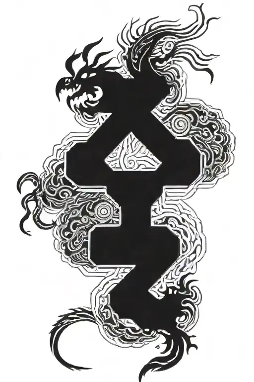 Mythical Ram Fighting A Chinese Dragon Intertwined