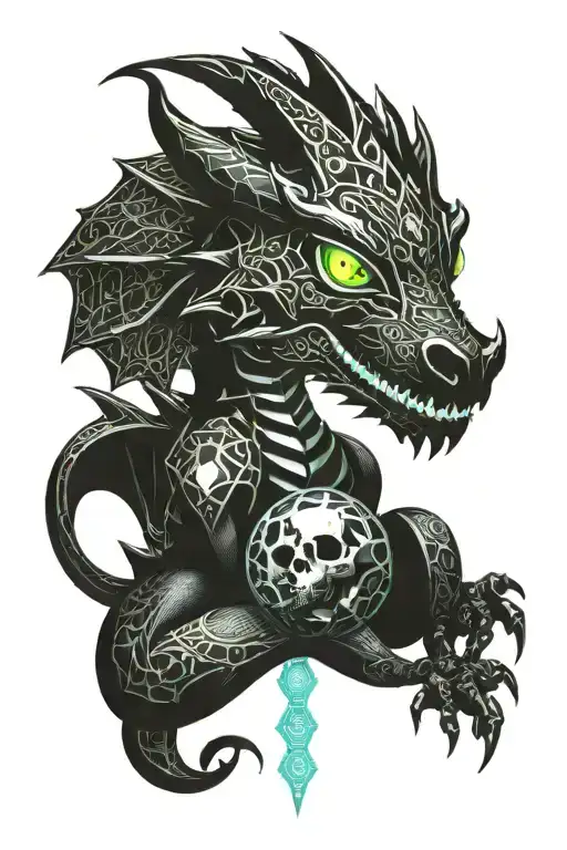 Cute Black Baby Dragon Holding A Skull With Small Fire On His Tail And Mouth