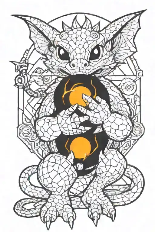 Cyber Punk Cute Little Dragon Holding A Small Fire Ball In His Little Paws