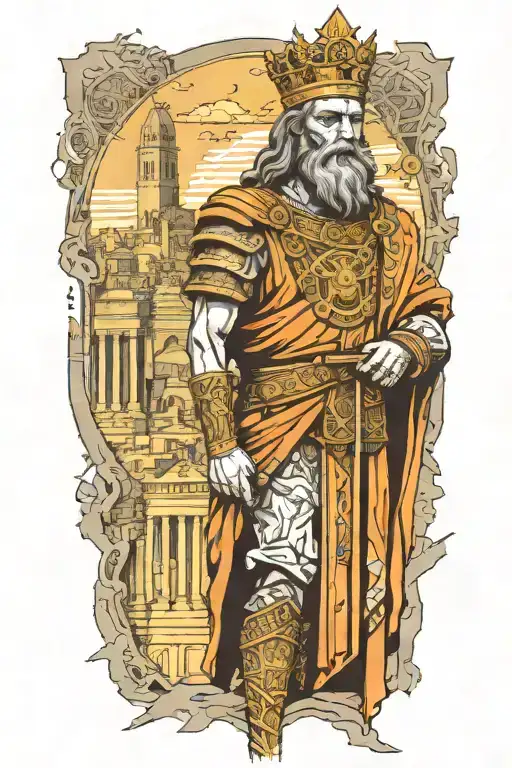 King David With Ruined City Background Black And Grey