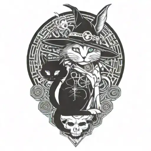 Witch Cat And Moon And Mushrooms