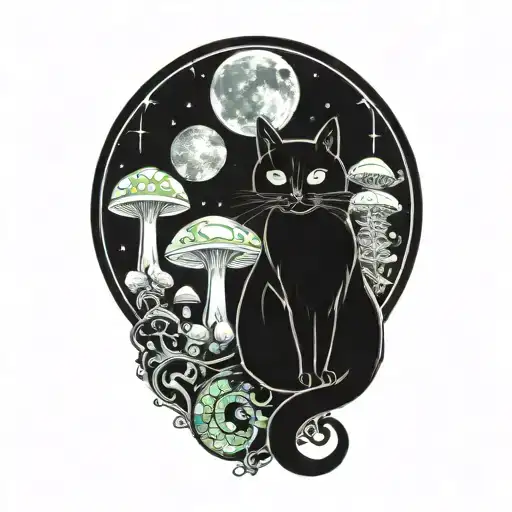 Moon With Black Cat And Colorful Mushrooms