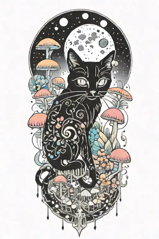 Black Cat And Trippy Colorful Mushrooms With Moon Melting