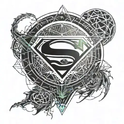 Superman Logo Shield Interspersed With Dragon And Sacred Geometry Chestahedron