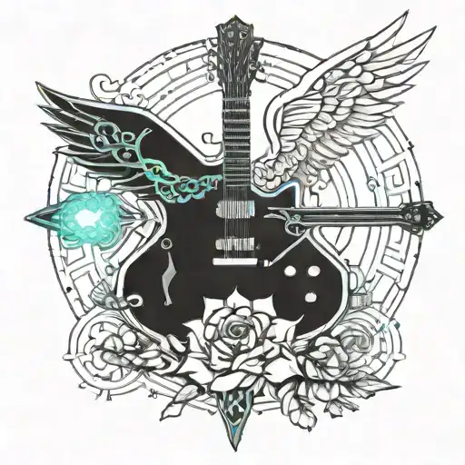 A Winged Guitar With Flowers And Swords