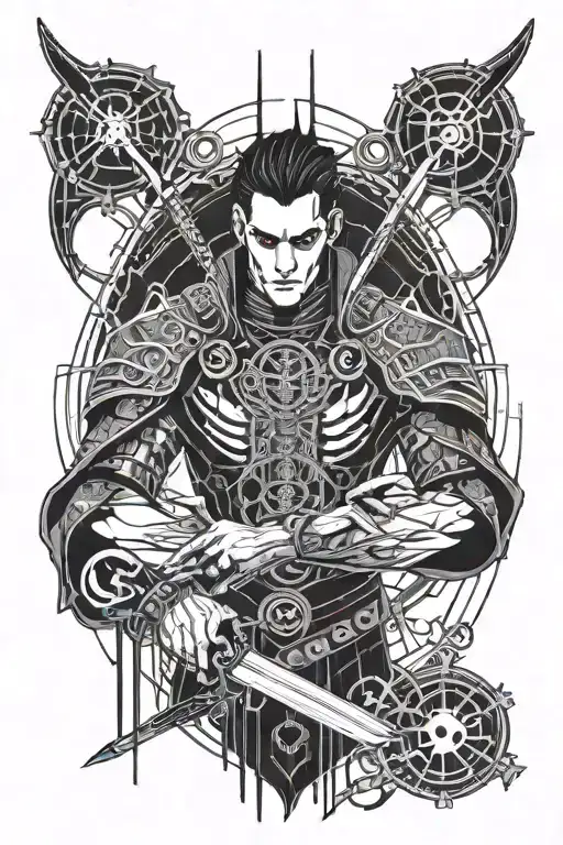 Vampire Handsome Godly Warrior With Huge Swords And Ramdomly Japanese Words Around Him