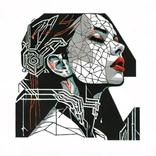 Cyberpunk Girl Closed Eyes Tears Falling Red Lipstick