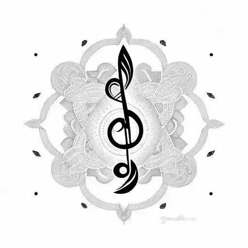 A Blackwork Tattoo Of A Treble Clef Symbol Merging Into A Mandala Pattern