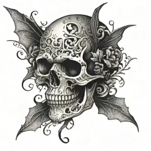 A Skull Surrounded By Intricate Floral Vines And Bats Flying Around It