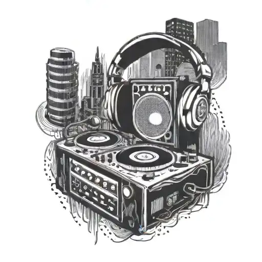 A Dotwork Tattoo Of A Dj Booth With Headphones Hanging On The Side And Music Waves In The Background