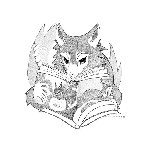 An Anime-inspired Scene Of A Student Reading A Book With A Wolf And A Dragon By Their Side