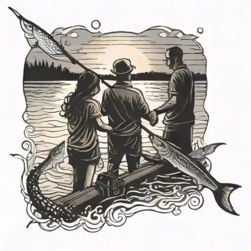 Dad And 3 Daughters Fishing Sunset