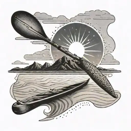 A Sun Setting Over A Vast Desert Landscape With A Rowing Paddle Sticking Out Of The Sand