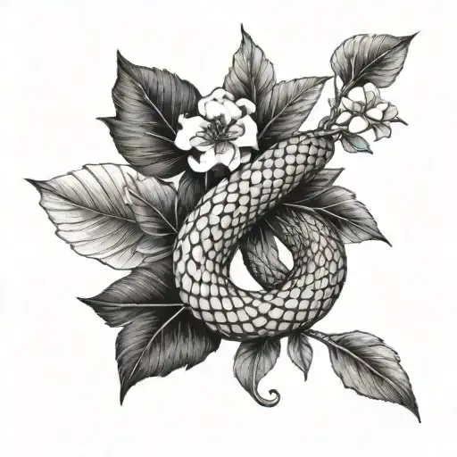 A Snake Wrapped Around A Laurel Leaf Branch With Flowers