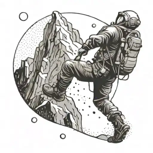 An Adventurous Mountain Climber Reaching For The Moon In A Dotwork Style