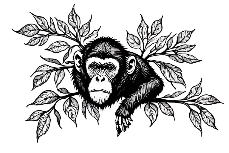 Creative Tatto Design Of A Howller Monkey With Leaves And Spirals