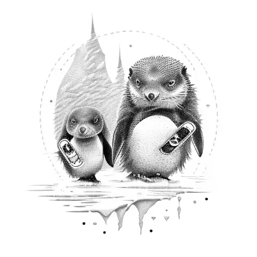 A Gothic Otter Playing Ice Hockey With A Penguin Goalie