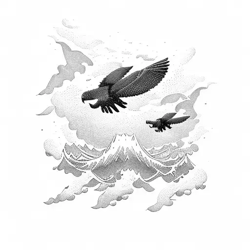 2 Small Full Black Flying Eagles Over Sea