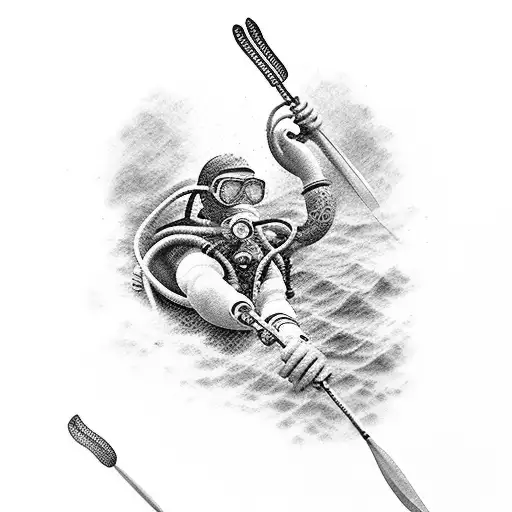 Diver With Spear Black And Gray Realism