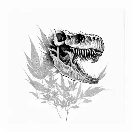 A Weed Leaf Entwined With A Tyrannosaurus Rex Skeleton