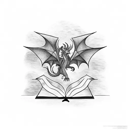 A Library Scene With Floating Books And A Majestic Dragon Flying Overhead