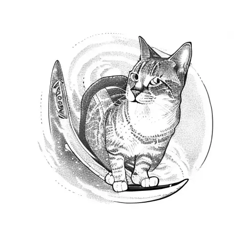 A Dotwork Tattoo Of A Cat Riding A Surfboard With The Words 'Adventure Awaits' In A Poetic Script