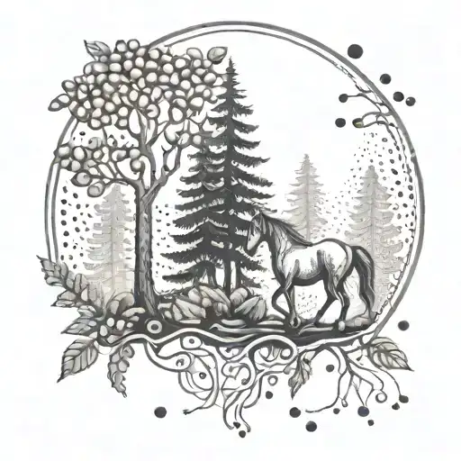 A Whimsical Design Of Coffee Beans Morphing Into Forest Trees With Hidden Horse Silhouettes