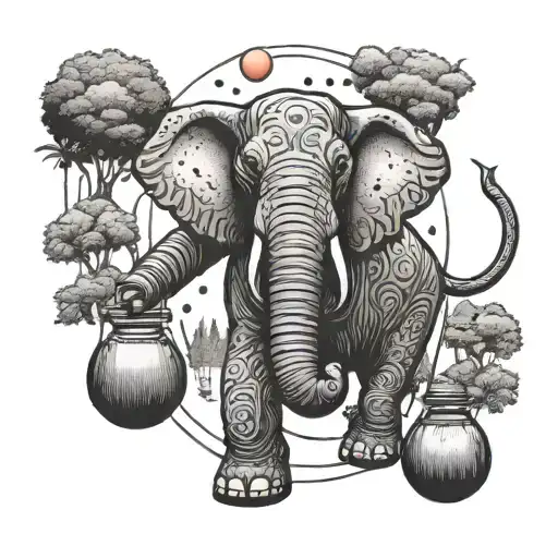 An Elephant Juggling Kendamas In A Lush Pacific Northwest Forest