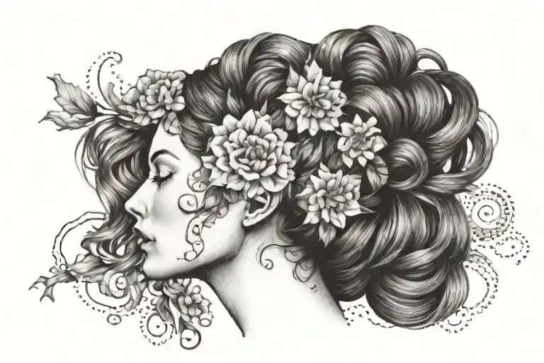 A Portrait Of A Woman With Intricate Floral Patterns Intertwining With Her Hair