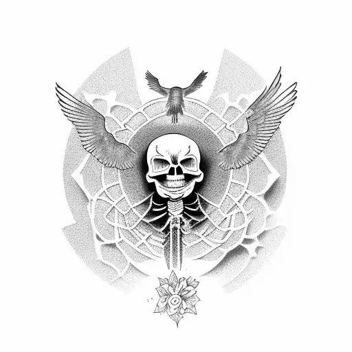 Skeleton Sitting Cross Legged Meditating With Bird On Shoulder