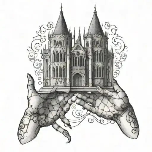 A Tattoo Featuring Gothic Architecture Motifs Intertwined With Sinewy Hands In A Dotwork Style