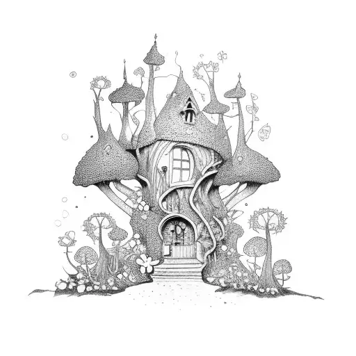 A Fairy Treehouse That Is In A Spring Garden With Vines And Flowers Creeping Up And Down